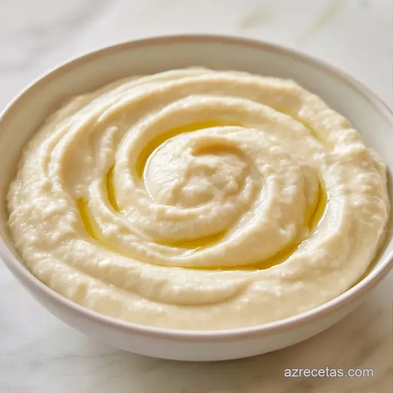 Elegante cuenco con crema blanca sedosa, adornada con semillas tostadas y un hilo de aceite brillante en el centro.