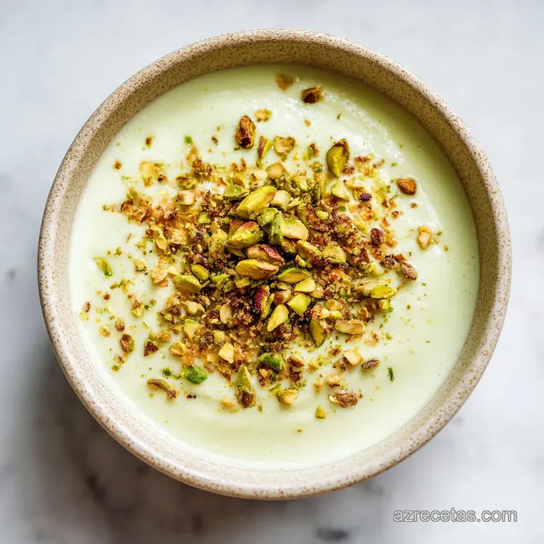 Silky pale green cream swirled elegantly on a white plate, garnished with a fresh mint leaf and whole pistachios.