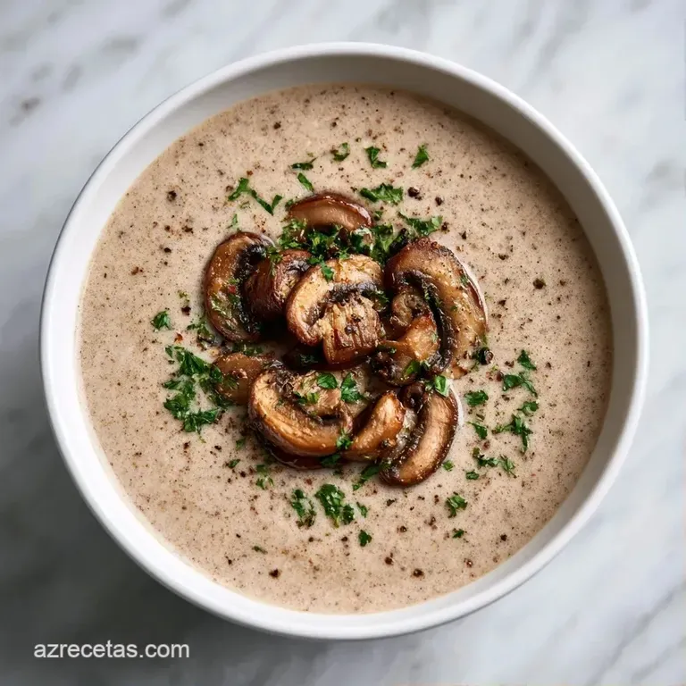 Sopa cremosa en plato hondo con un hilo de aceite de oliva brillante y trozos de hongo salteado sobre una base sedosa.