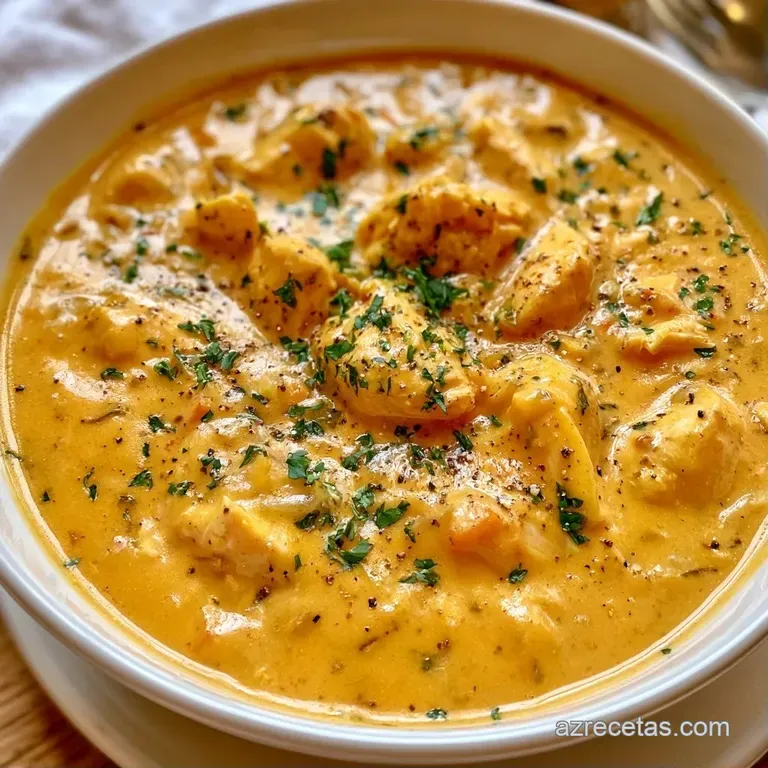 Sopa cremosa en cuenco blanco con un remolino de nata blanca, trozos de pollo jugoso y gotas de aceite de oliva virgen.