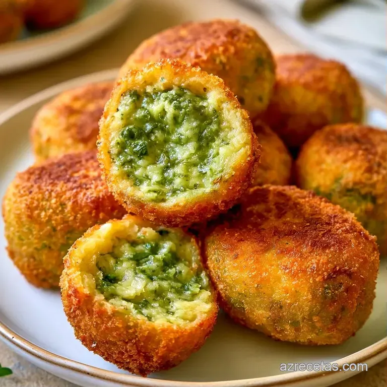 Croquetas redondas y tostadas dispuestas en hilera sobre cerámica oscura, adornadas con brotes verdes y salsa blanca.