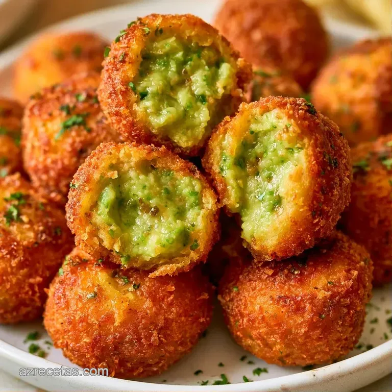 Croquetas doradas alineadas con gotas de salsa blanca y hojas verdes frescas sobre un fondo de madera clara y rústica.