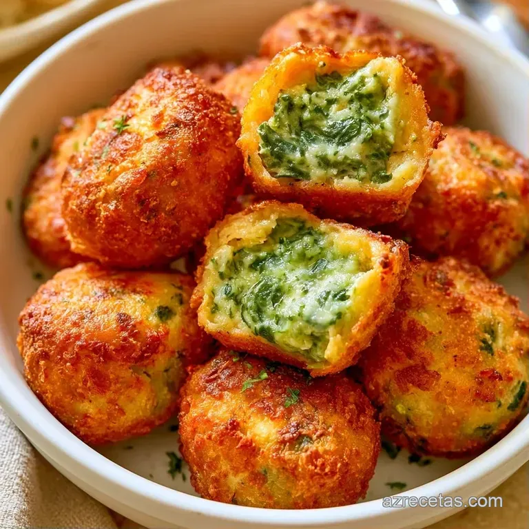 Croquetas cilíndricas dispuestas en línea sobre base de puré suave, decoradas con hojas verdes frescas y aceite.