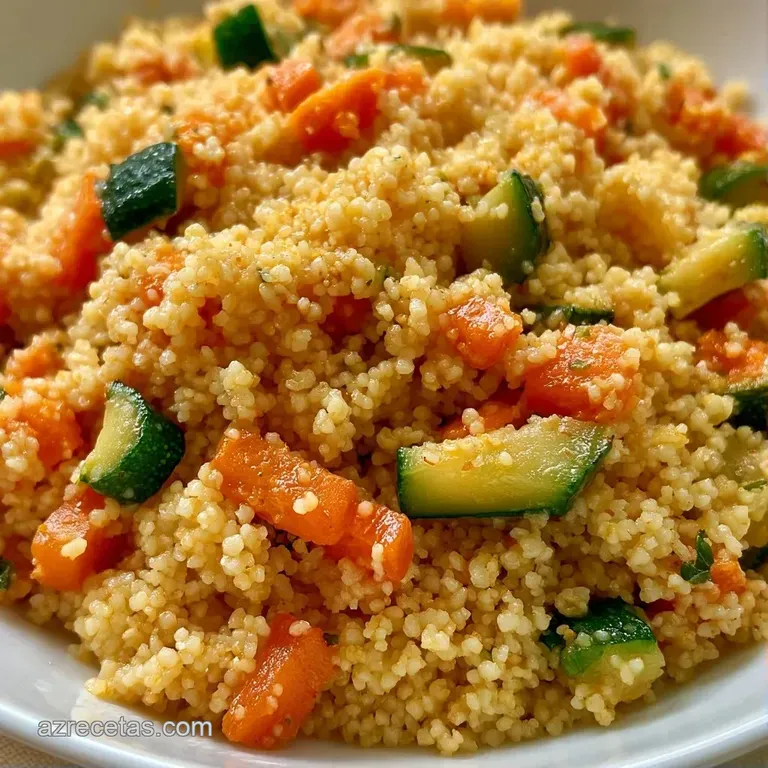 Mont&iacute;culo de grano dorado con verduras vibrantes dispuestas con cuidado, decorado con hierbas verdes sobre cer&aacute;mica.