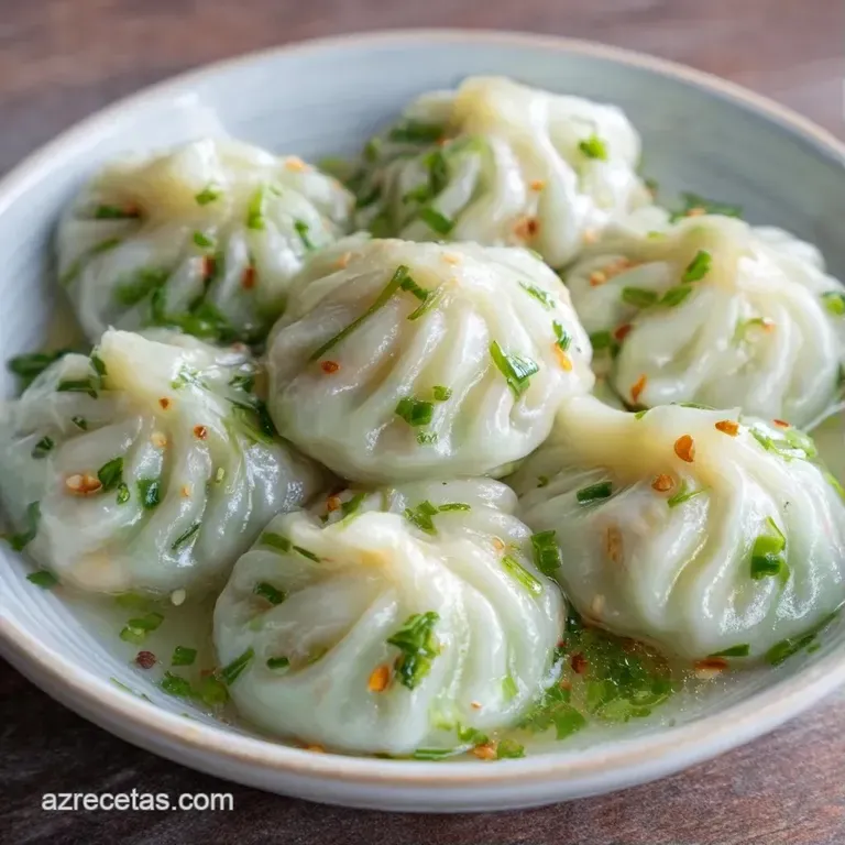 Dumplings p&aacute;lidos y brillantes sobre plato cer&aacute;mico, acompa&ntilde;ados de salsa oscura y gotas de aceite verde vibrante.
