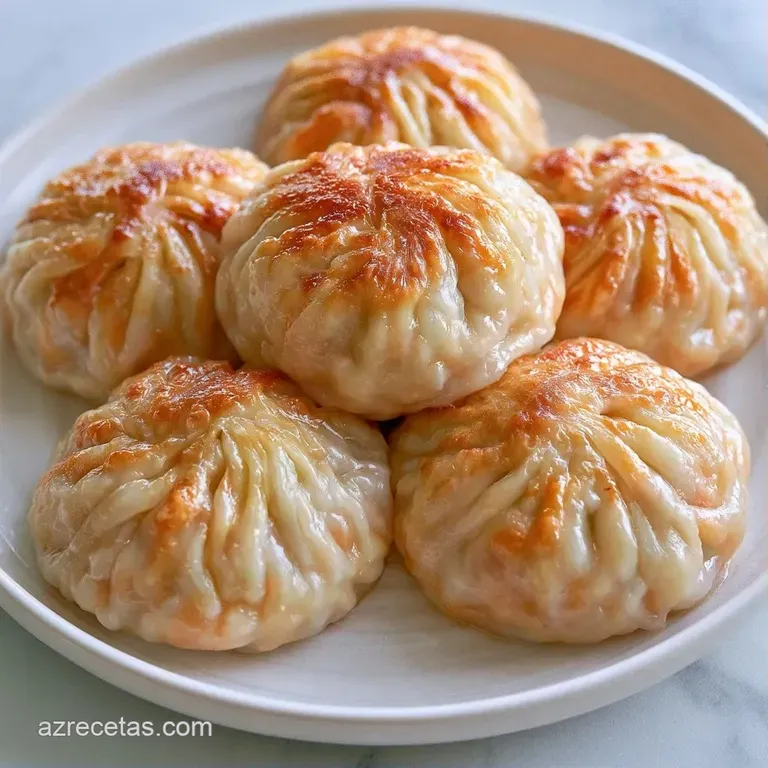 Dumplings tostados dispuestos en c&iacute;rculo con gotas de salsa brillante y vapor ligero sobre un fondo neutro minimalista.