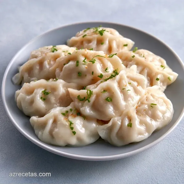 Dumplings alineados con base tostada, decorados con cebollino verde picado y semillas de s&eacute;samo sobre cer&aacute;mica gris.