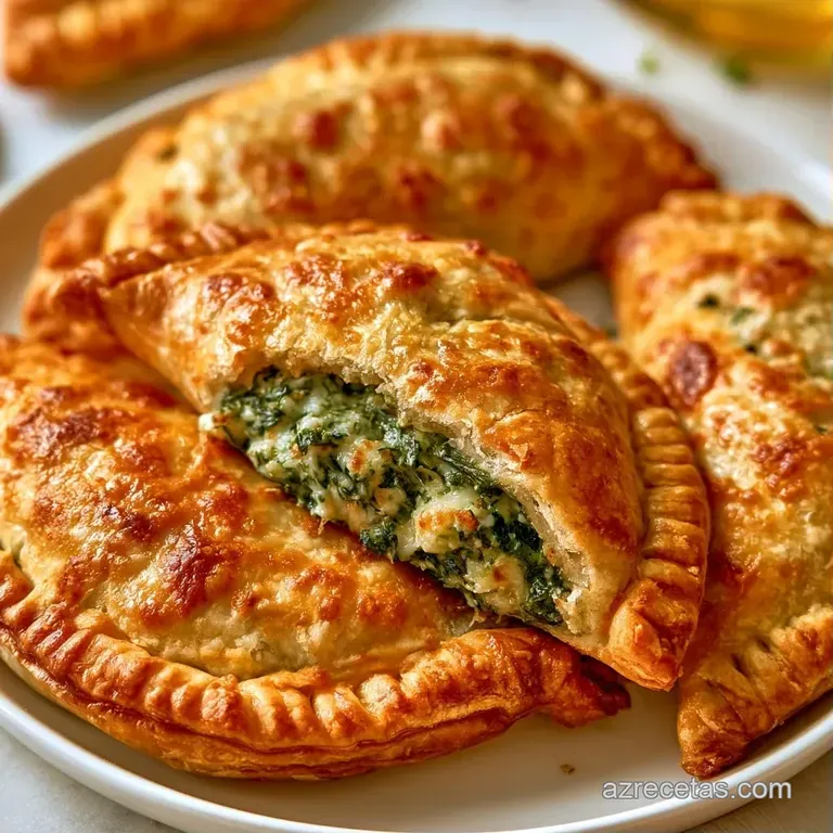 Tres empanadas apiladas sobre porcelana blanca, resaltando su textura hojaldrada y un color ámbar cálido y uniforme.