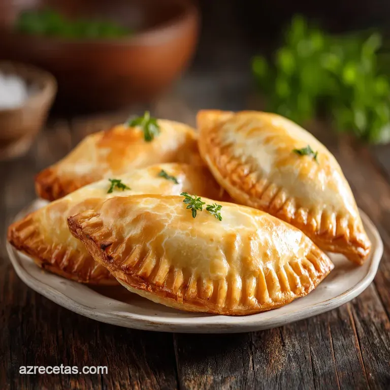 Flaky, golden empanada on a white plate, dusted with powdered sugar, a savory delight with a touch of sweetness.