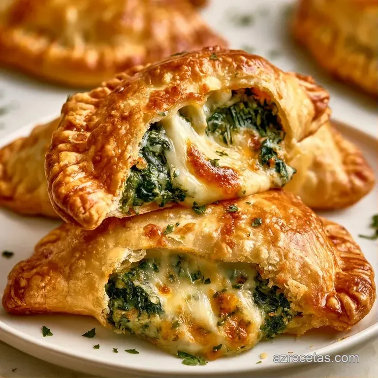 Tres empanadillas doradas sobre plato blanco, acompañadas de hojas verdes frescas y un toque de aceite brillante.