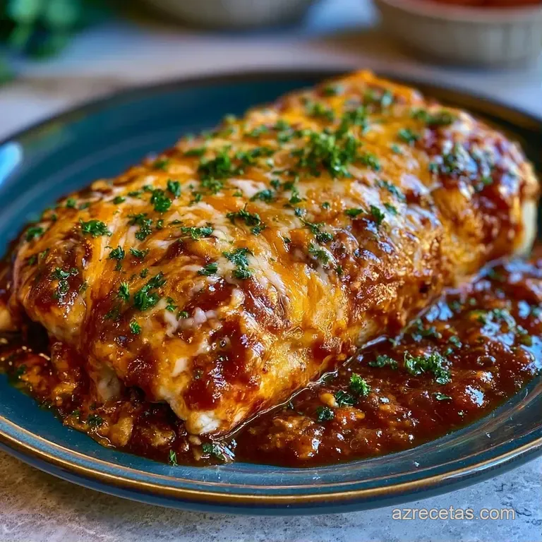 Plato blanco con tres rollitos ba&ntilde;ados en salsa brillante, decorados con crema &aacute;cida y rodajas finas de cebolla blanca.