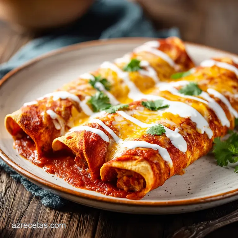 Two enchiladas plated beautifully, smothered in rich red sauce, adorned with delicate cilantro sprigs, and a dollop of coo...