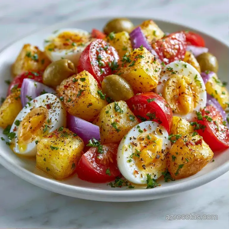 Ensalada colorida en plato blanco con hortalizas picadas, huevo y un chorro de aceite que resalta los colores vivos.