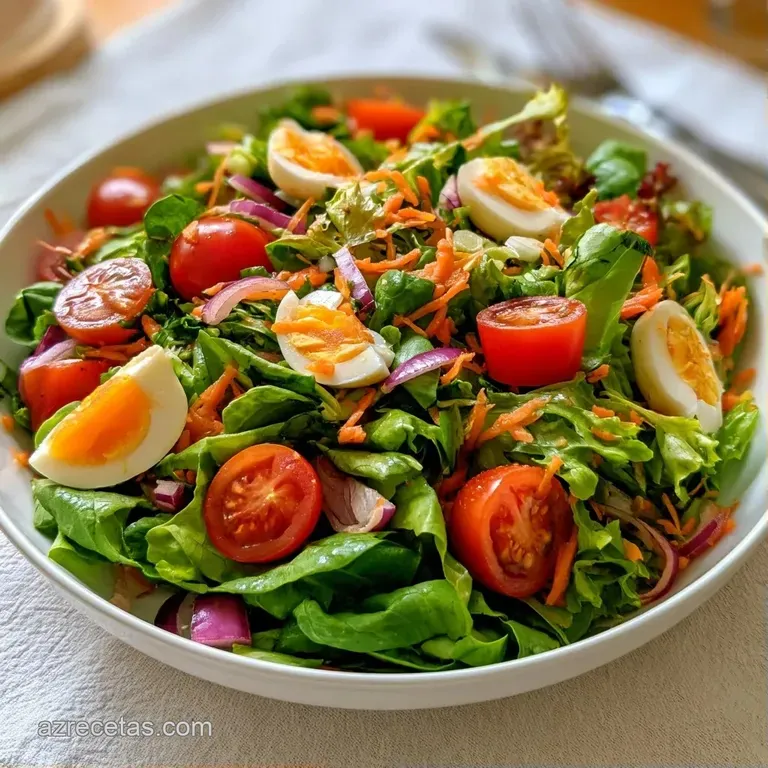 Ensalada dispuesta con cuidado, rodajas de huevo duro alineadas sobre una cama de verdes y gotas de aceite brillante.