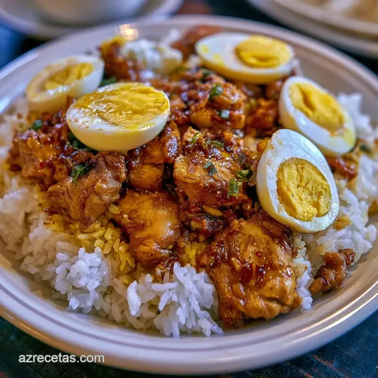 Presentaci&oacute;n cuidada de arroz blanco con pollo, trozos de zanahoria y ma&iacute;z, resaltando colores vivos y texturas suaves.