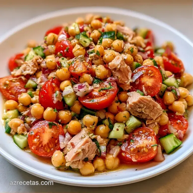 Ensalada colorida de garbanzos y verduras frescas dispuesta con cuidado en un plato cerámico con luz natural suave.