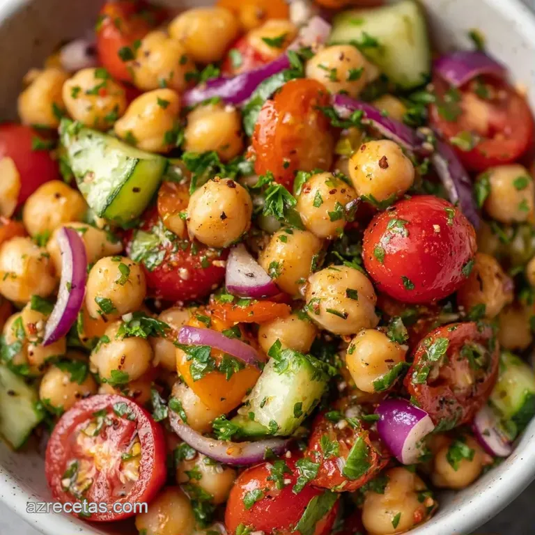 Ensalada fresca con garbanzos firmes, trozos rojos de pimiento y hojas verdes esparcidas sobre un plato de porcelana.
