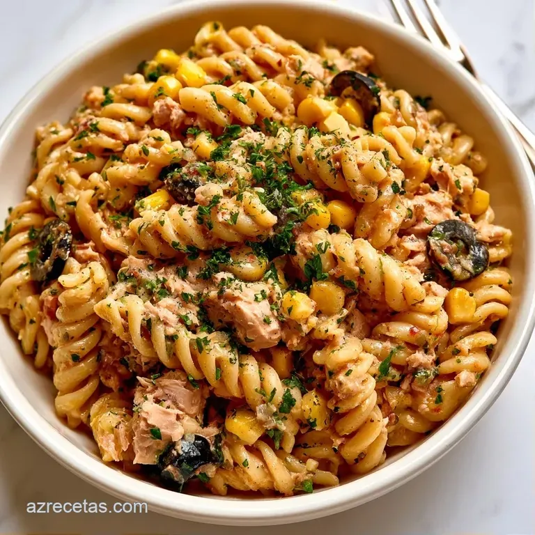 Plato blanco con pasta cremosa, adornada con aceitunas verdes y perejil fresco bajo una luz natural suave y clara.