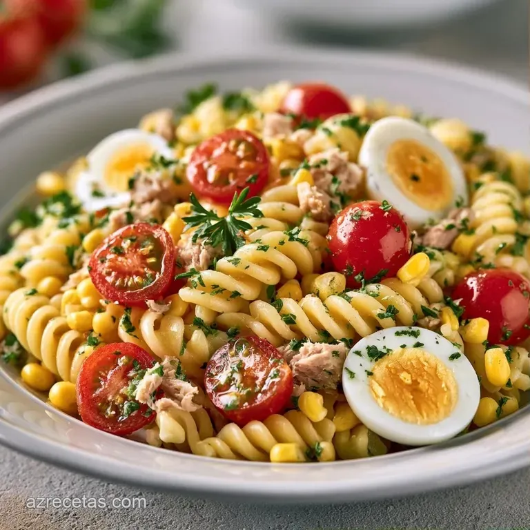 Pasta corta cremosa dispuesta en plato cer&aacute;mico, adornada con perejil fresco picado y trozos jugosos de at&uacute;n rosado.