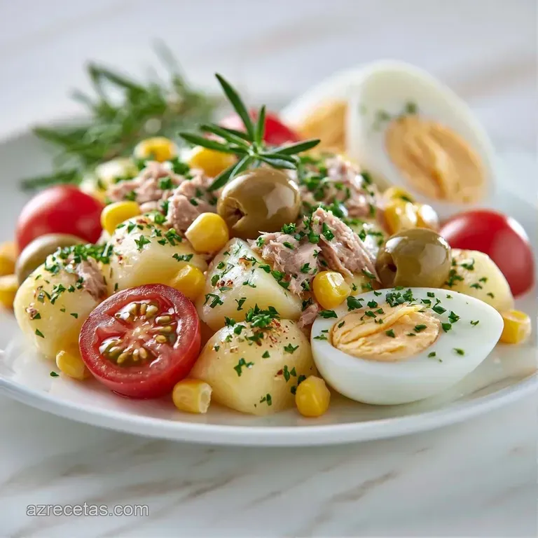 Ensalada cremosa moldeada en plato blanco, decorada con una rama de perejil y gotas de aceite sobre textura suave.