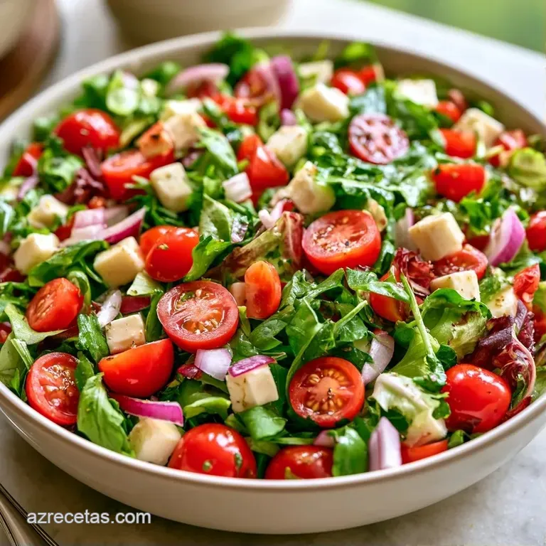 Ensalada dispuesta con cuidado, queso blanco cremoso sobre cama de verdes y un chorrito de aceite oliva brillante.