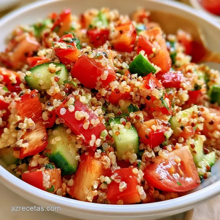 Quinoa color crema servida en plato moderno, contrastando con colores vivos de verduras frescas y un toque de cilantro.