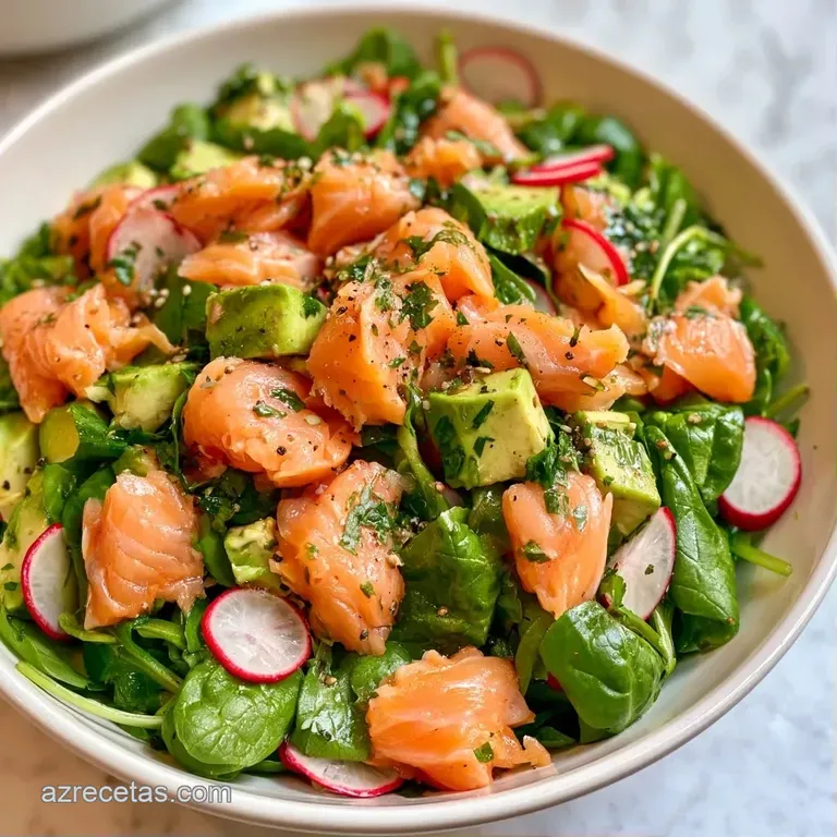 Montaje minimalista de salmón y aguacate con colores vibrantes, decorado con semillas de sésamo y un toque de limón.