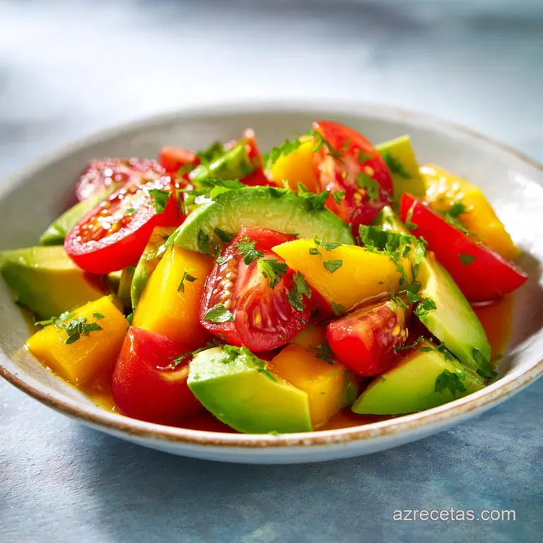 Artfully arranged salad with cubes of ripe mango and avocado, drizzled with a bright sauce, garnished with fresh herbs on ...