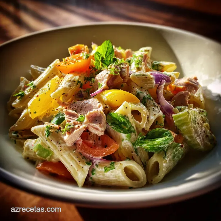 A scoop of chilled pasta salad artfully arranged on a white plate. Flaked tuna and bright vegetables peek through the crea...