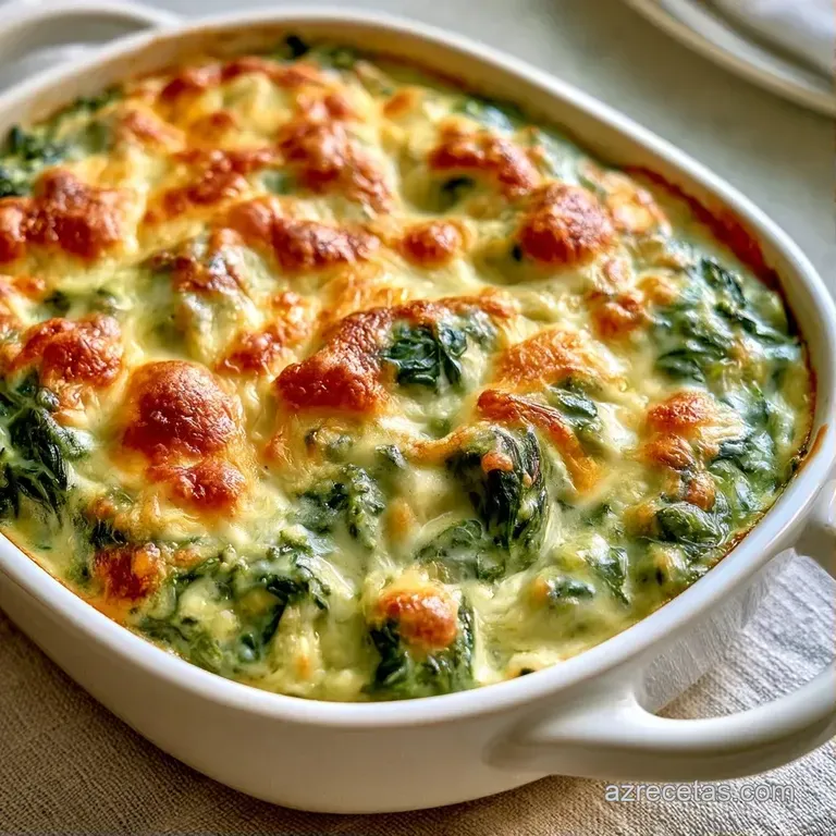 Cazuela de cerámica blanca con verduras verdes vibrantes, bañadas en crema sedosa y un toque tostado en la superficie.
