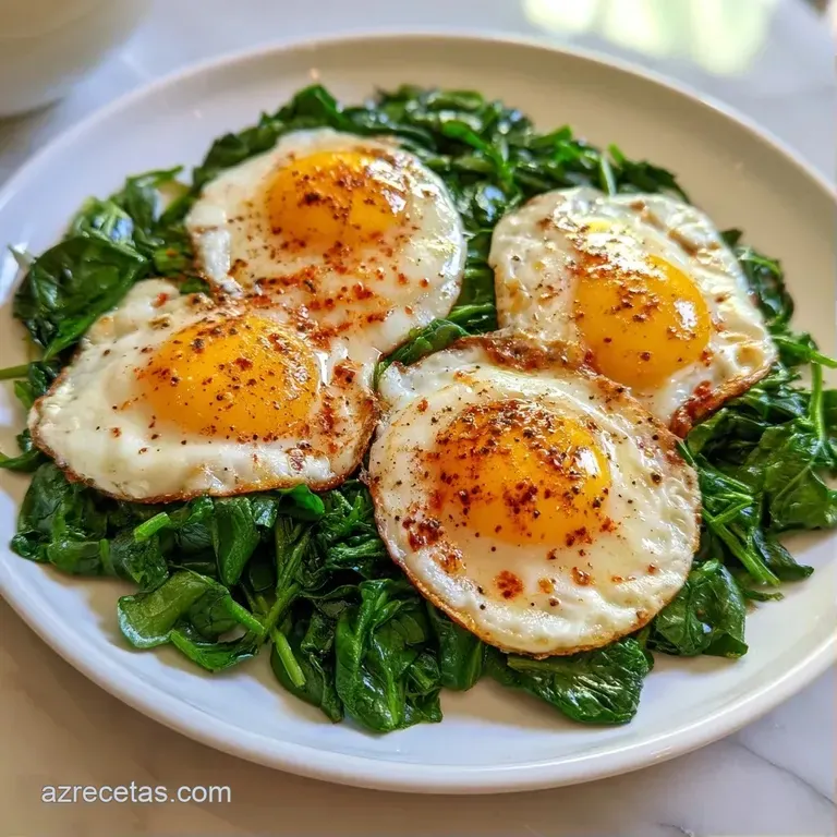 Elegante composición de espinacas verde bosque sobre cerámica blanca, con huevos pochados y un toque de aceite.