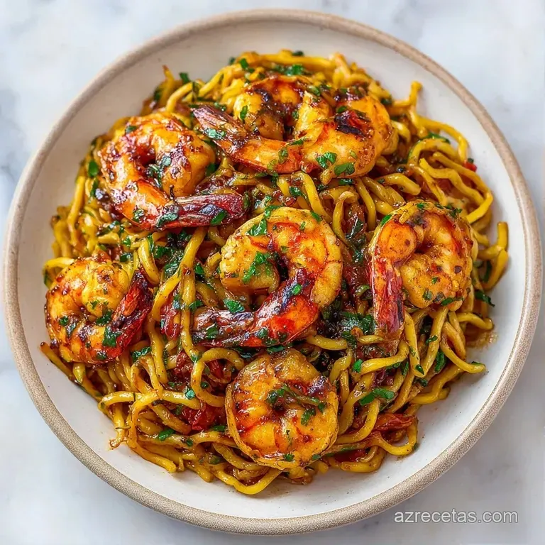 Porci&oacute;n de fideos amarillos brillantes servidos en plato blanco, coronados con mariscos frescos y perejil picado verde.
