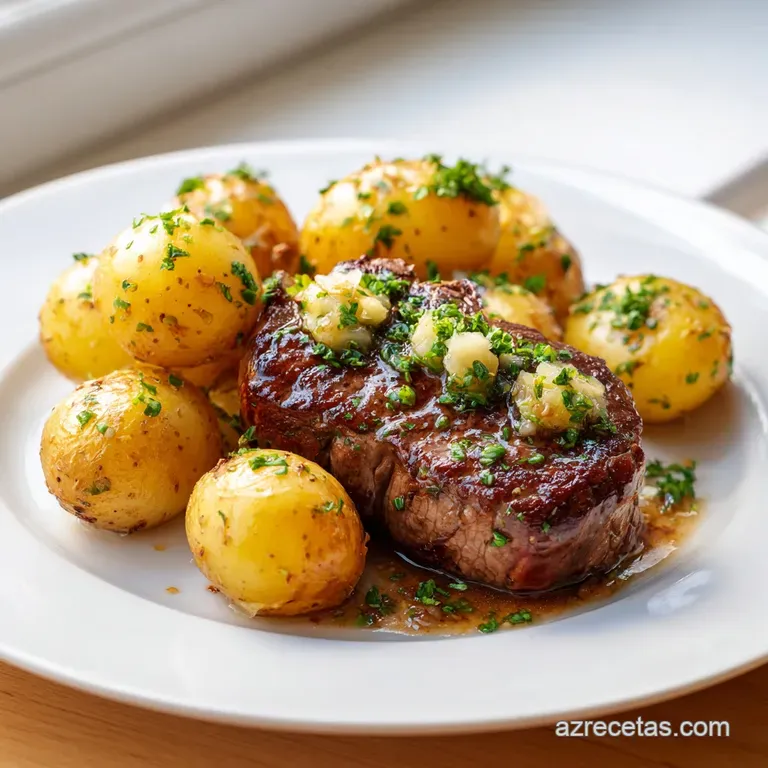 Cortes de carne jugosa con brillo aceitoso y l&aacute;minas de ajo dorado, dispuestos armoniosamente en plato de cer&aacute;mica.