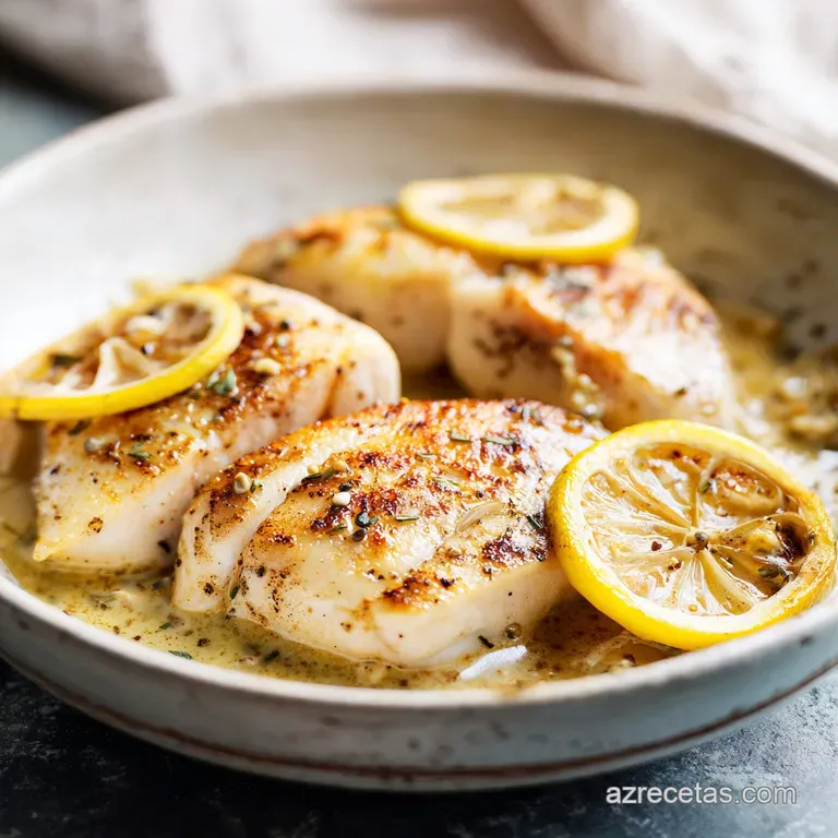 Filete de pescado dorado centrado en plato blanco, adornado con limones brillantes y un toque de hierba verde vibrante.