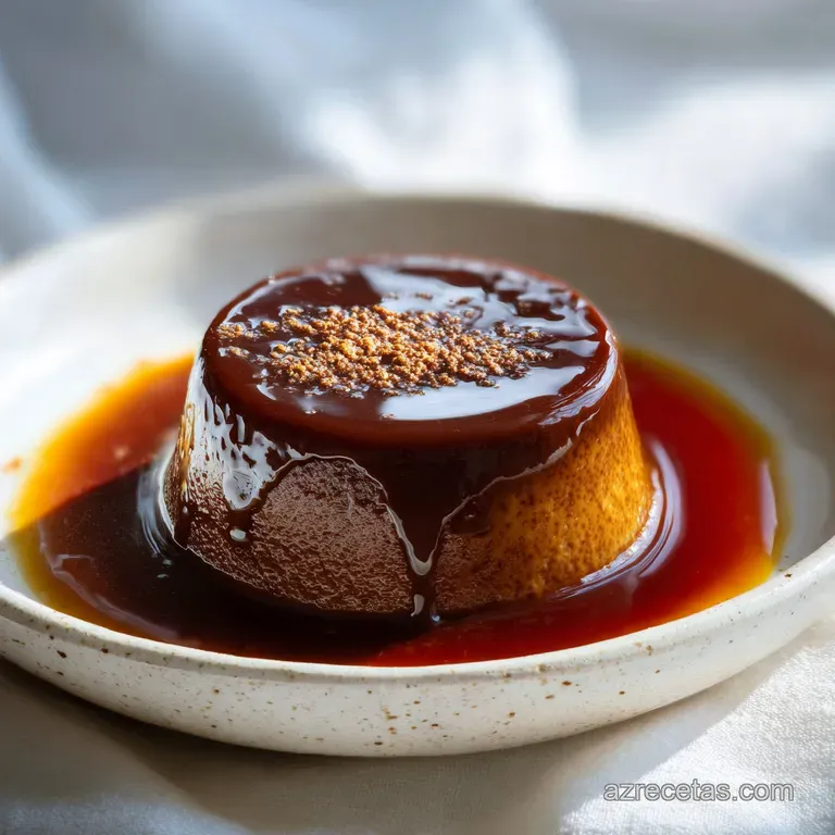 Individual chocolate flan with deep caramel drizzle. Glistening, dark and creamy texture complemented by a swirl of whippe...