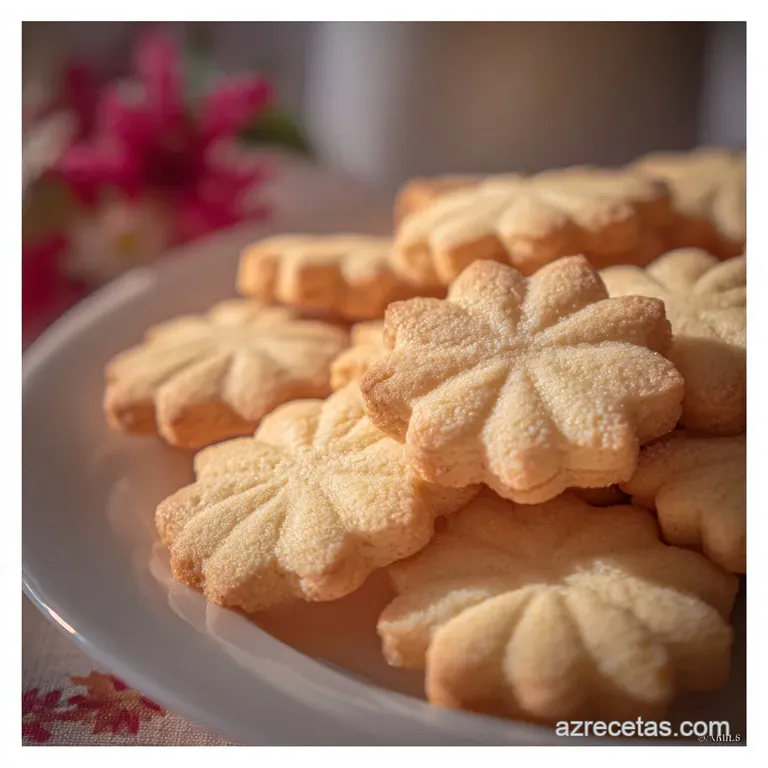 Stack of delicate butter cookies on a floral plate; powdered sugar dusting and gentle light create an elegant, sweet moment.
