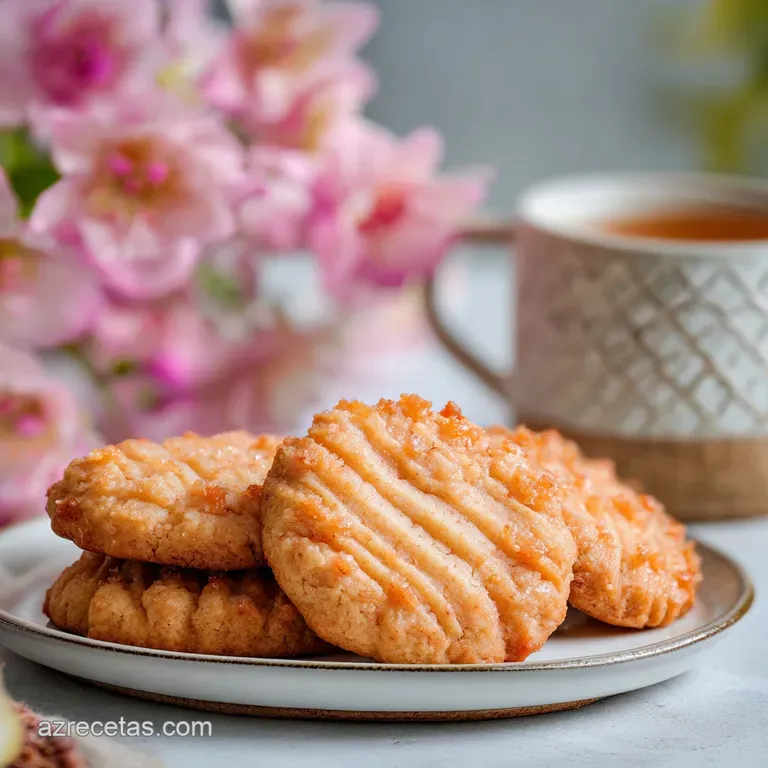 A delicate plate of guava cookies, their sugary tops catching the light, next to a steaming cup, inviting warmth and a swe...