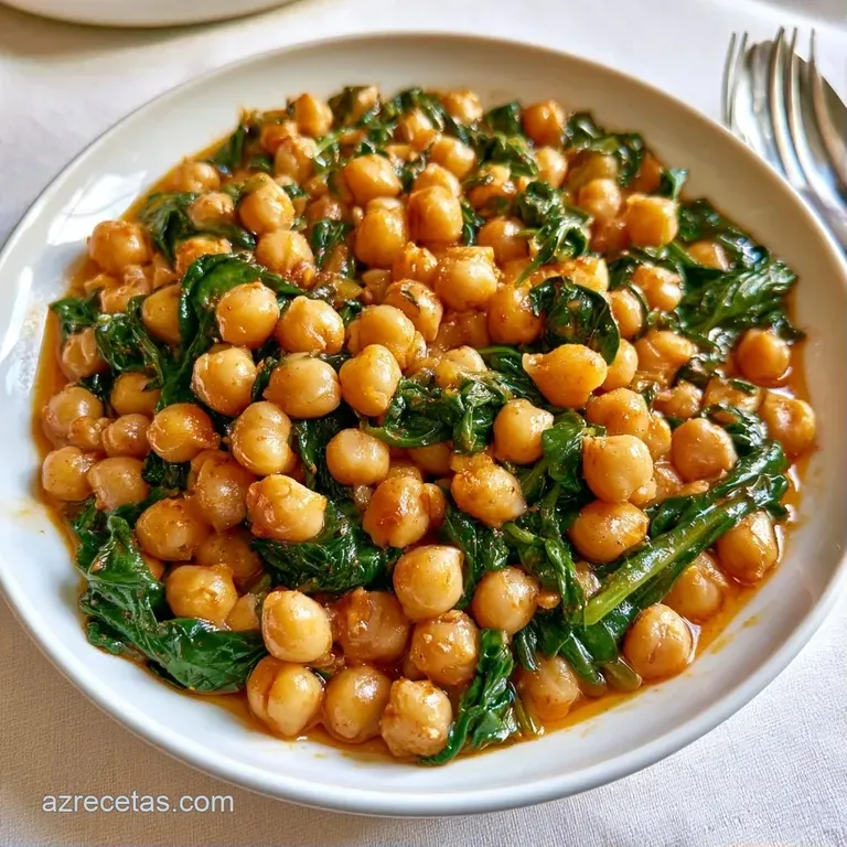 Plato blanco con una base de espinacas tiernas y garbanzos cremosos, decorado con hilos de aceite y pimentón rojo.