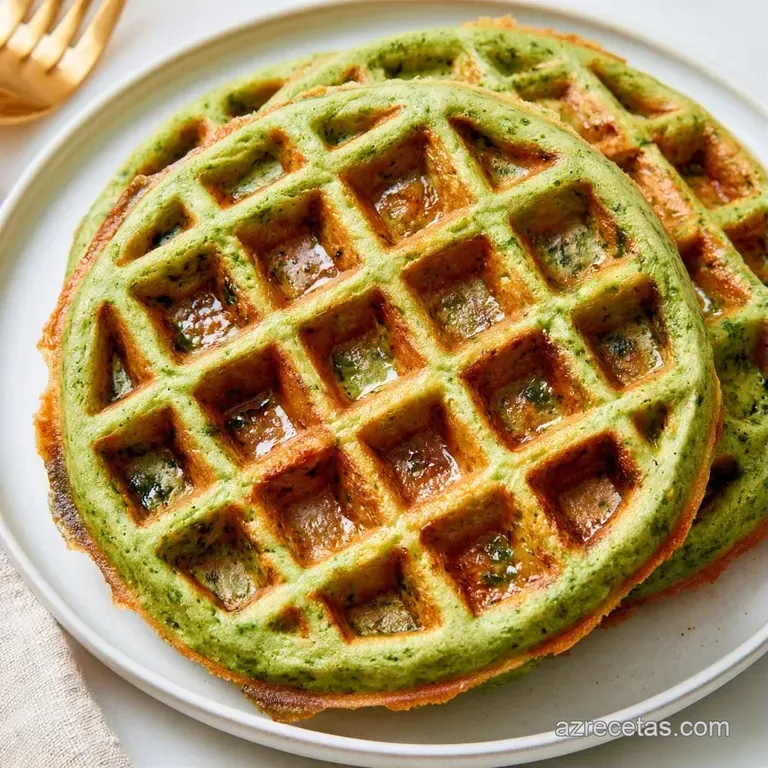 Discos verdes apilados con textura porosa, acompañados de una salsa cremosa y brotes frescos en plato cerámico.