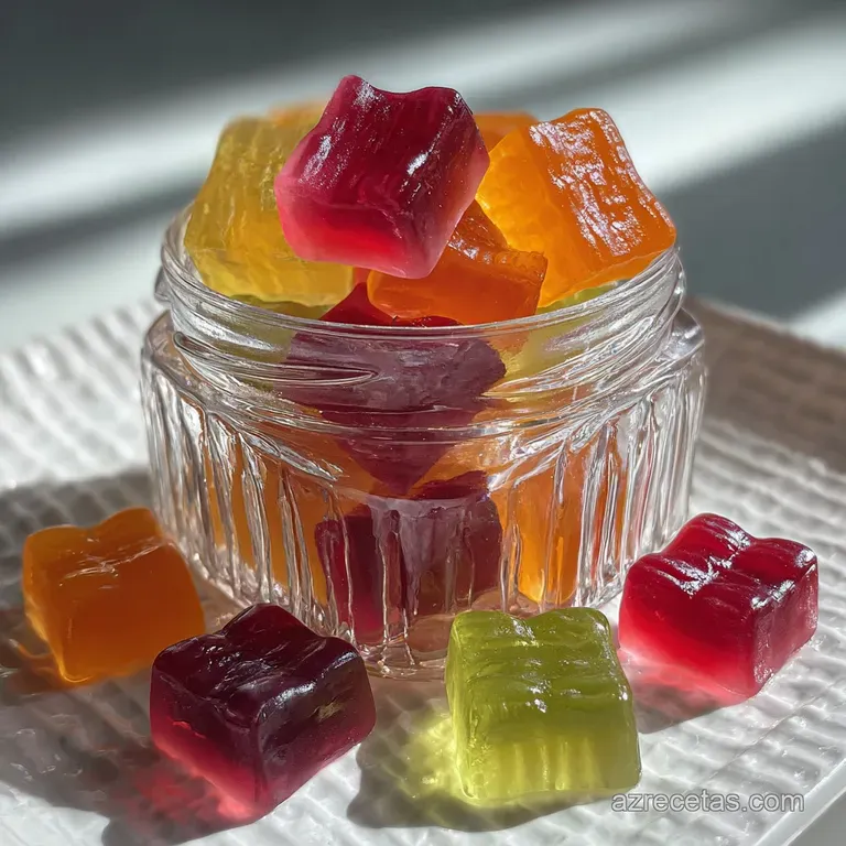 Assorted sugar-free gummy candies arranged artfully on a small plate, vibrant colors catching the light.