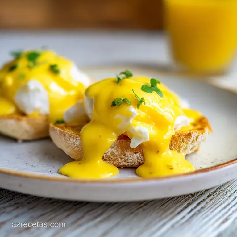 Plato blanco con huevos ba&ntilde;ados en salsa sedosa amarilla, pan dorado crujiente y un toque de piment&oacute;n rojo brillante.