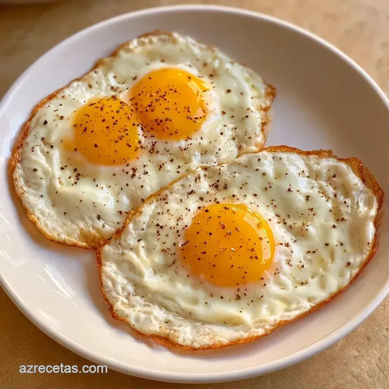 Dos huevos fritos sobre fondo blanco, con bordes tostados y una yema líquida que brilla bajo una luz suave y natural.