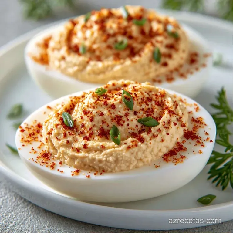 Huevos rellenos dispuestos en plato blanco, con relleno terso y brillante, espolvoreados con especias rojas vibrantes.