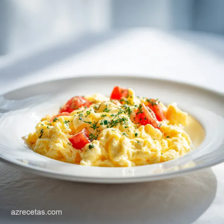 Softly scrambled eggs piled high on a rustic toast, crowned with a sprinkle of chives and a dollop of cream.