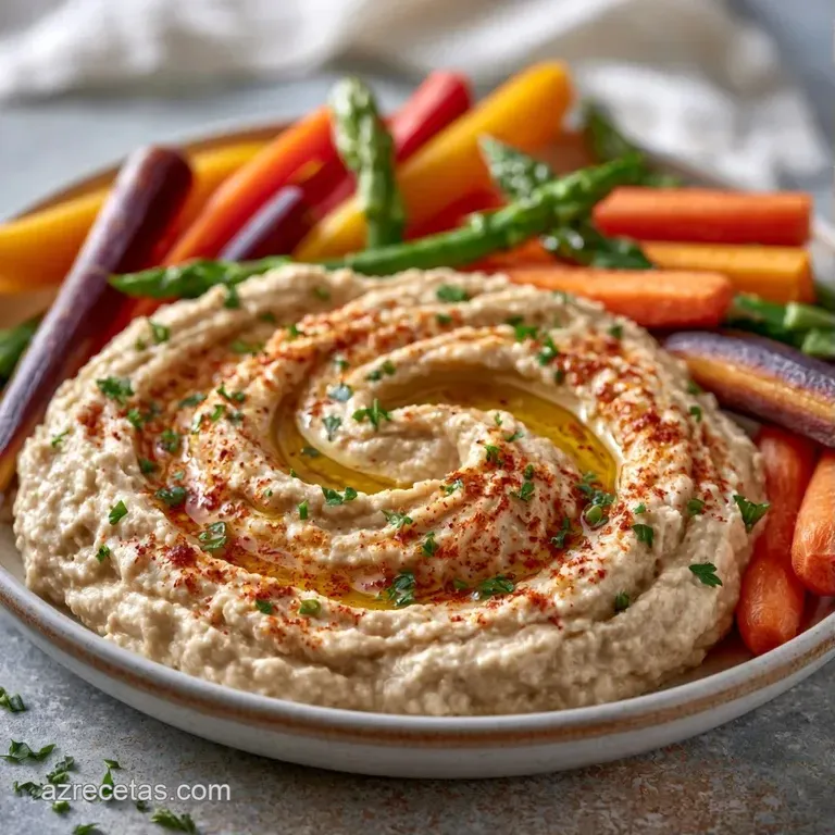 Plato cer&aacute;mico con pur&eacute; p&aacute;lido en espiral, polvo rojo intenso y verduras frescas crujientes dispuestas con elegancia.