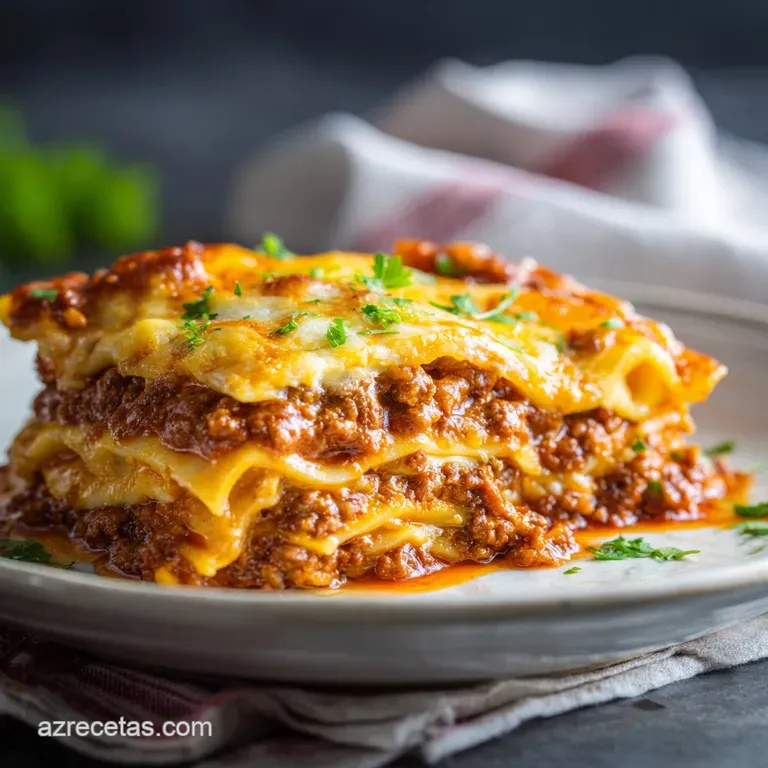 A slice of homemade lasagna, layered with vibrant tomato sauce, creamy ricotta, and browned cheese, elegantly presented on...