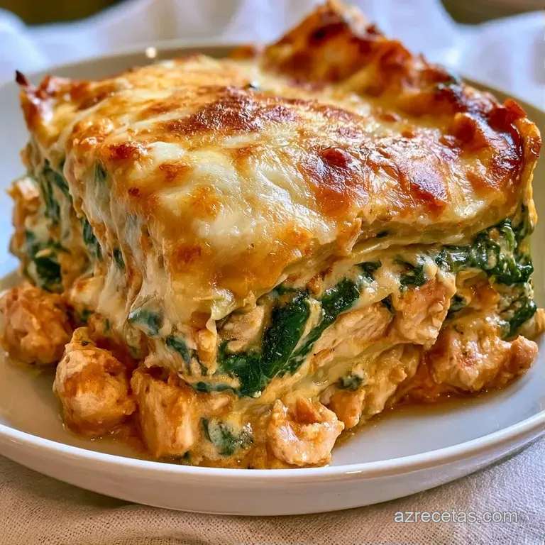 Cuadrado de pasta horneada sobre plato blanco, adornado con albahaca fresca y queso fundido que gotea lentamente.
