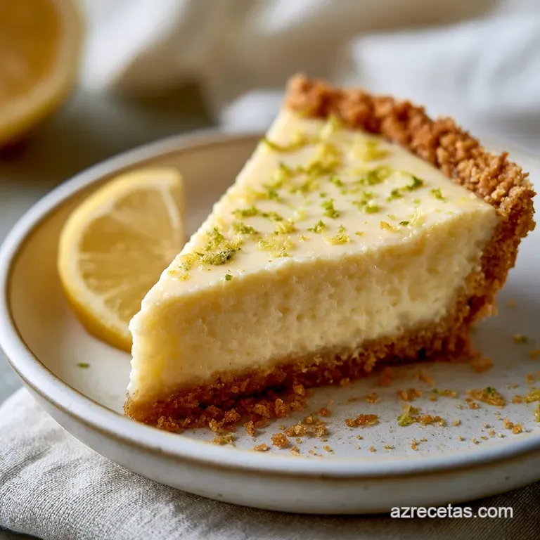 Porci&oacute;n triangular de tarta c&iacute;trica amarilla en plato blanco, adornada con ralladura fresca y una hoja de menta verde.