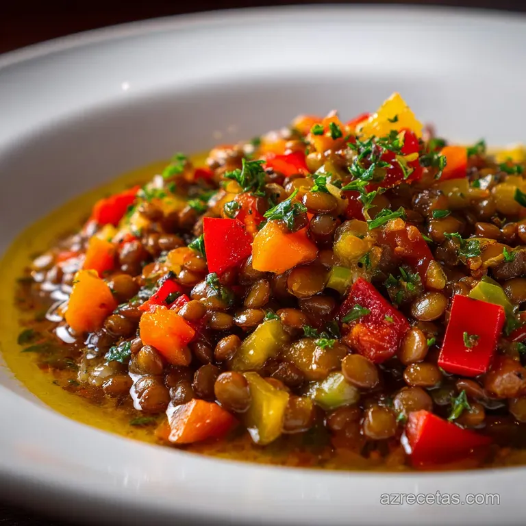 A deep bowl of steaming lentil stew, flecked with colorful vegetables, topped with a bright sprig of parsley and crusty br...