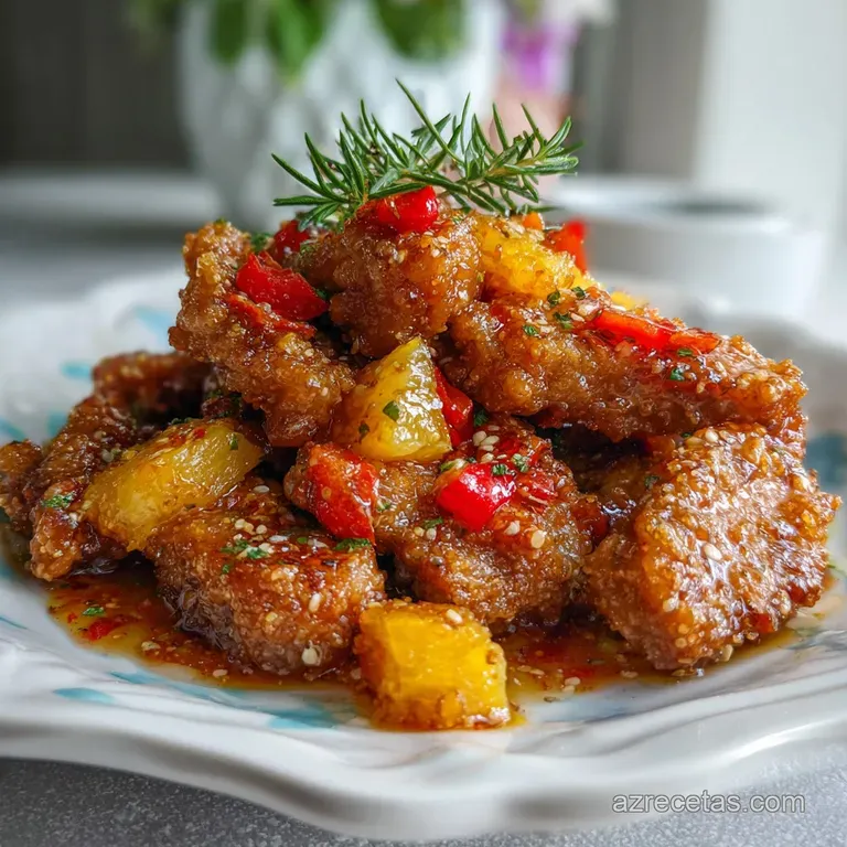 Succulent pork with vibrant bell peppers cascading artfully onto a plate. A drizzle of glistening sauce tempts the viewer.